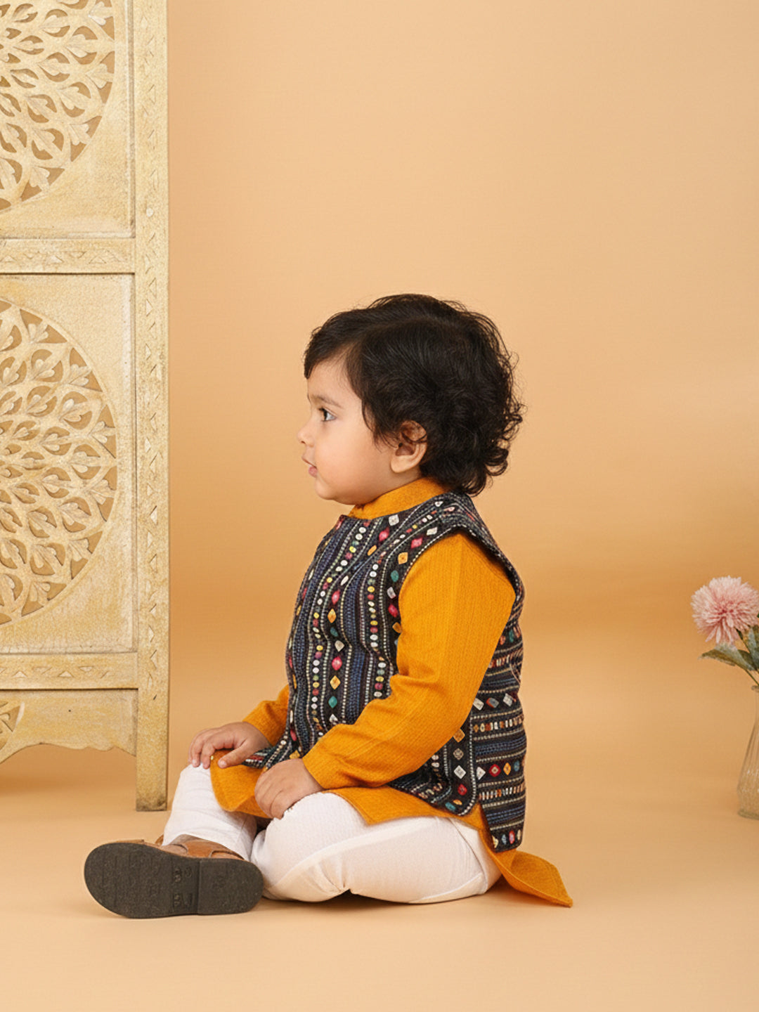 Yellow Plain Kurta with Blue Multicolour Jacket & Pajama