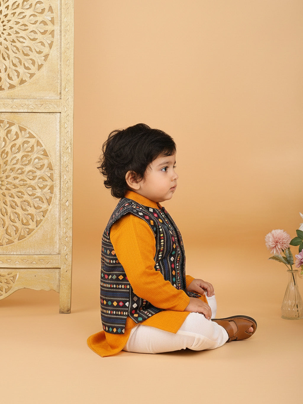 Yellow Plain Kurta with Blue Multicolour Jacket & Pajama