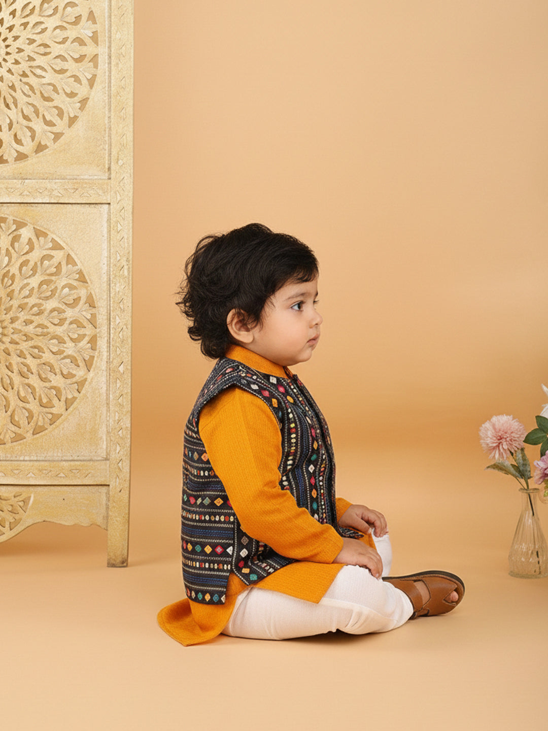 Yellow Plain Kurta with Blue Multicolour Jacket & Pajama