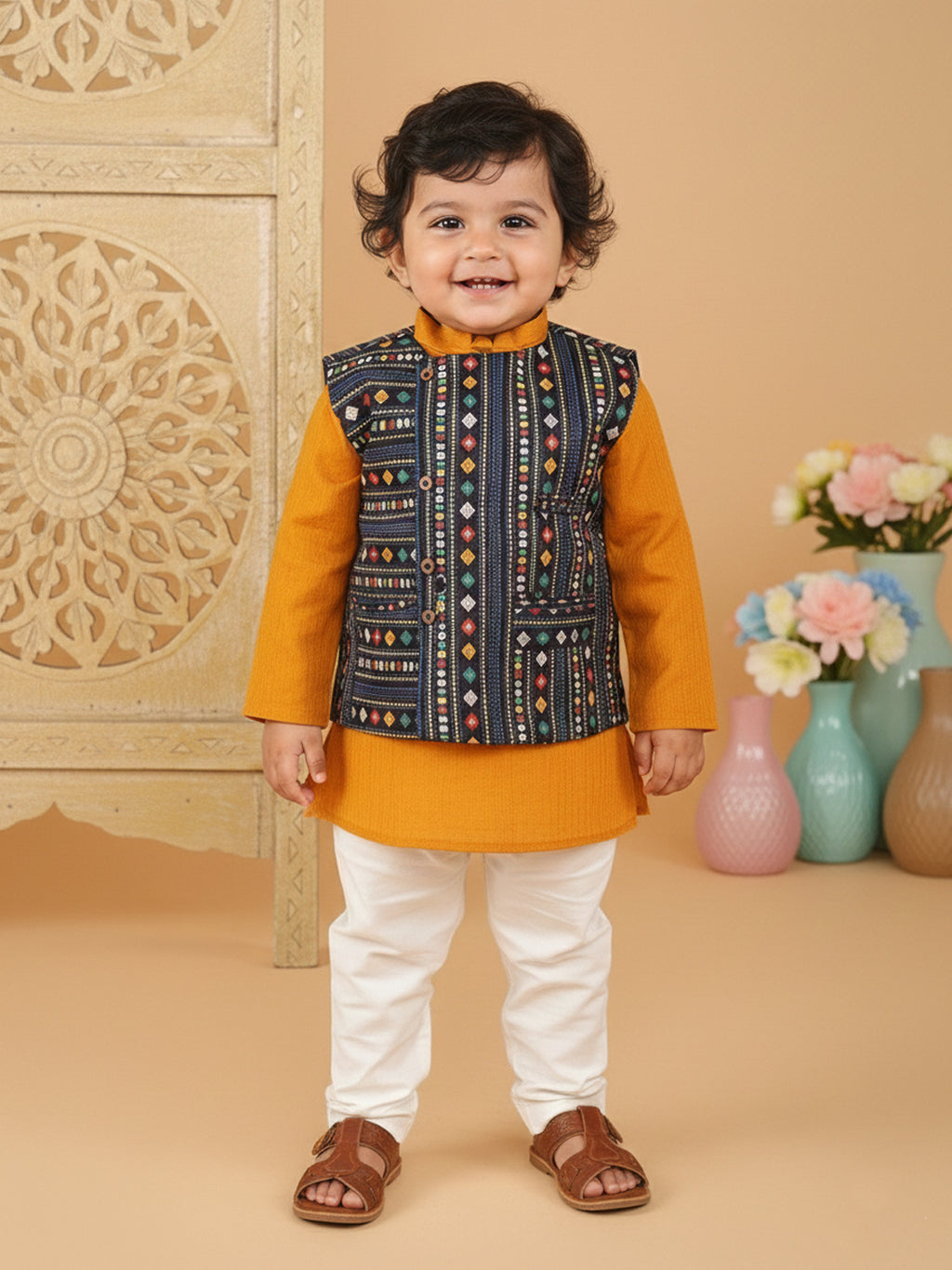 Yellow Plain Kurta with Blue Multicolour Jacket & Pajama