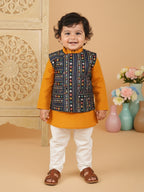 Yellow Plain Kurta with Blue Multicolour Jacket & Pajama