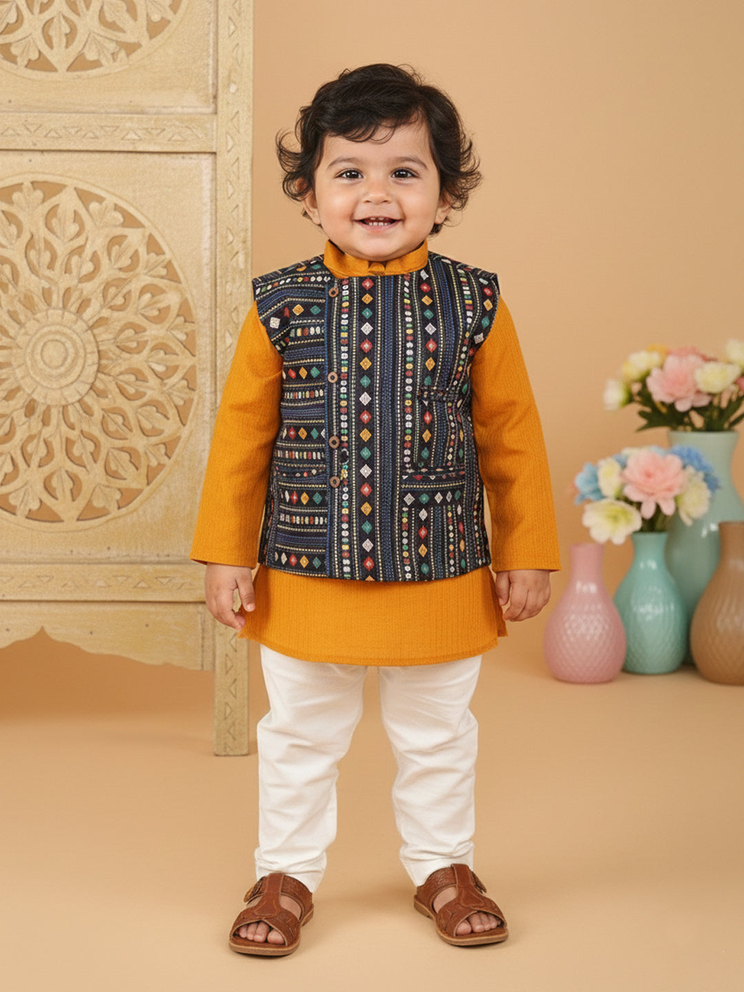 Yellow Plain Kurta with Blue Multicolour Jacket & Pajama