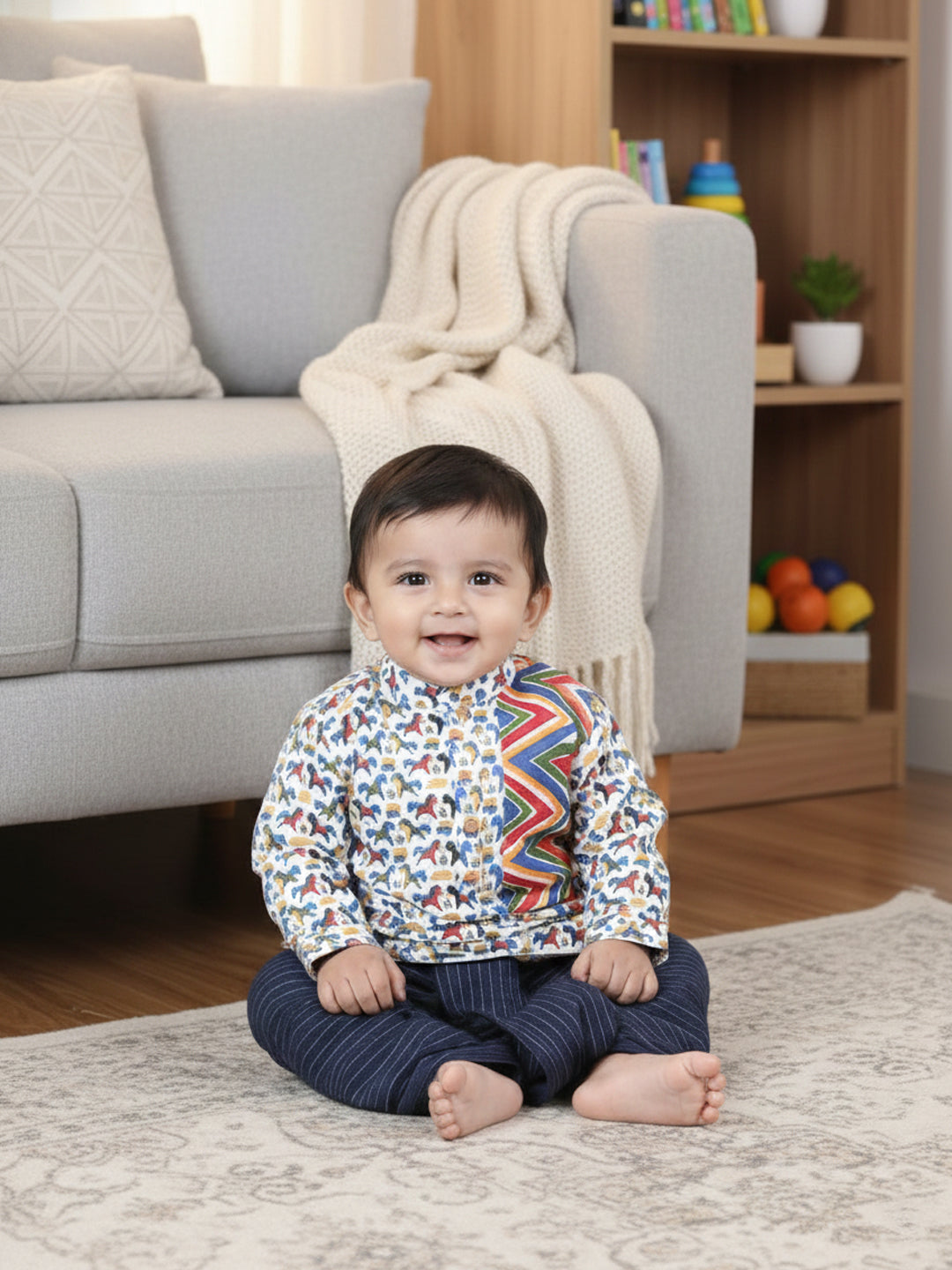 Blue Horse Printed Kurta With  Zig Zag patch & Dhoti
