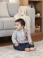 Blue Horse Printed Kurta With  Zig Zag patch & Dhoti