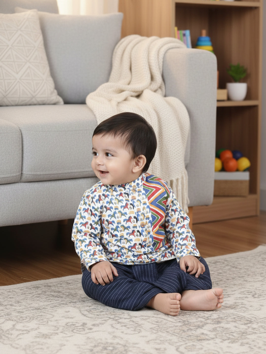 Blue Horse Printed Kurta With  Zig Zag patch & Dhoti