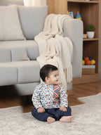 Blue Horse Printed Kurta With  Zig Zag patch & Dhoti