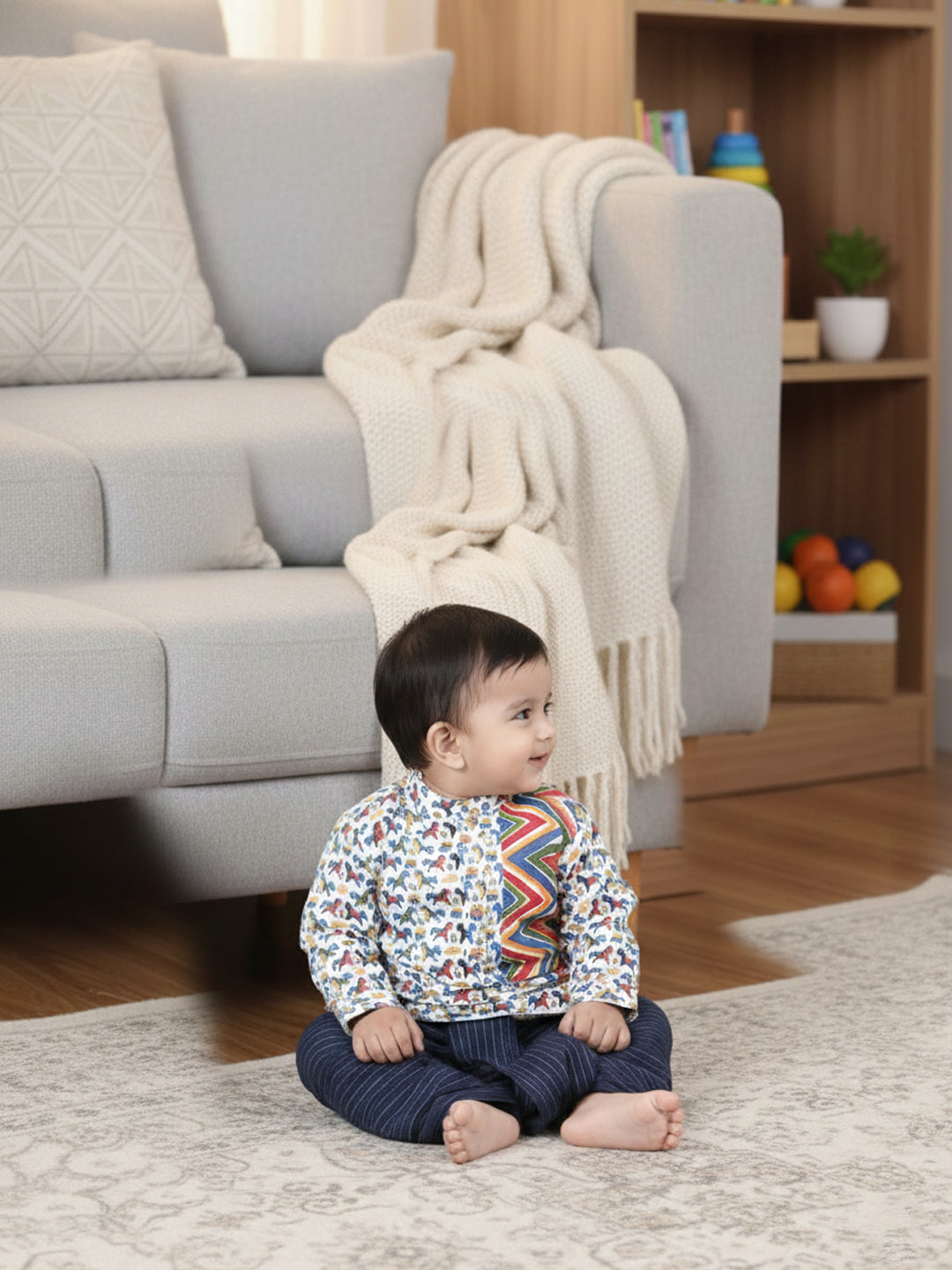 Blue Horse Printed Kurta With  Zig Zag patch & Dhoti