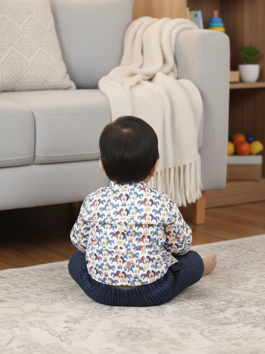 Blue Horse Printed Kurta With  Zig Zag patch & Dhoti