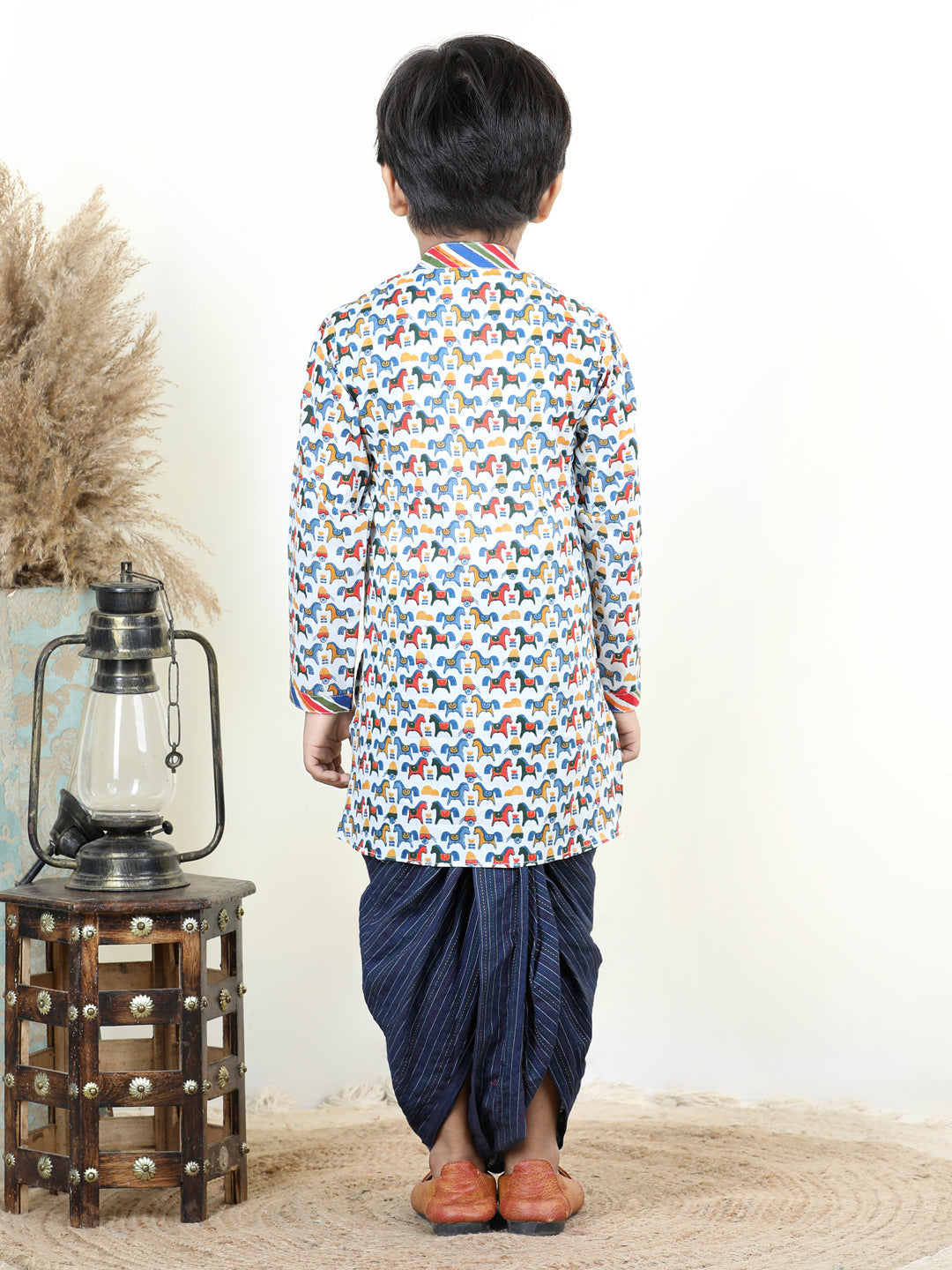 All Over Horse Printed Kurta with a zig-zag patch Kurta Dhoti