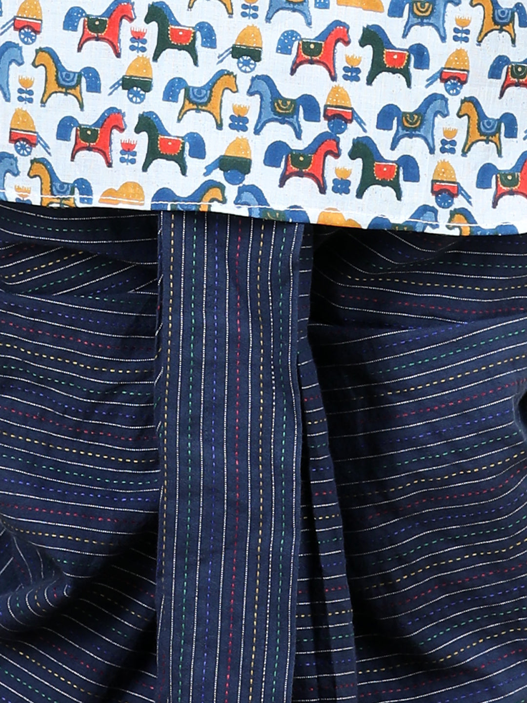 Blue Horse Printed Kurta With  Zig Zag patch & Dhoti