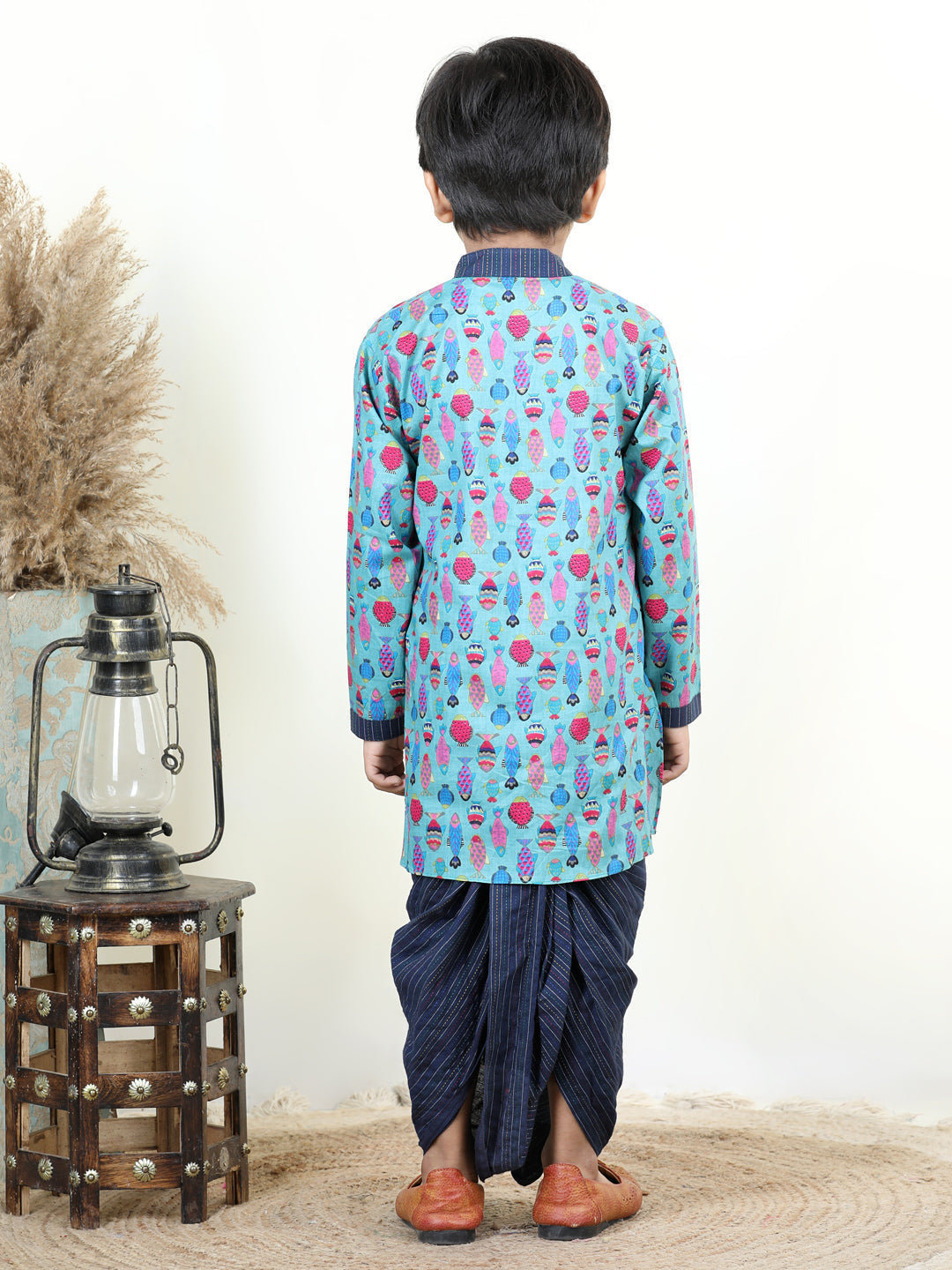 Blue All Over Fish Printed Kurta and katha Dhoti