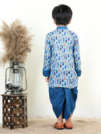 Blue All Over Fish Printed Kurta with Lurex dhoti