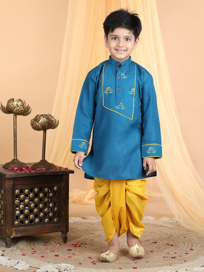 Light Blue car embroidered patch work kurta with yellow dhoti