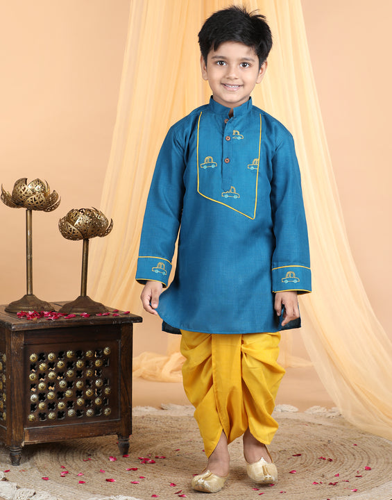 Light Blue car embroidered patch work kurta with yellow dhoti