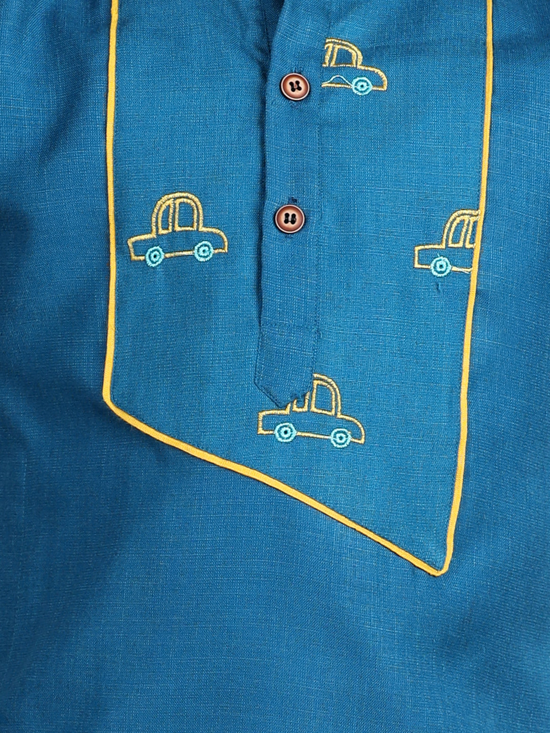 Light Blue car embroidered patch work kurta with yellow dhoti