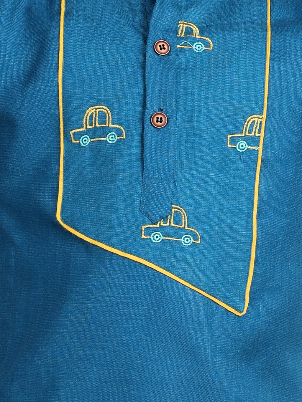 Light Blue car embroidered patch work kurta with yellow dhoti
