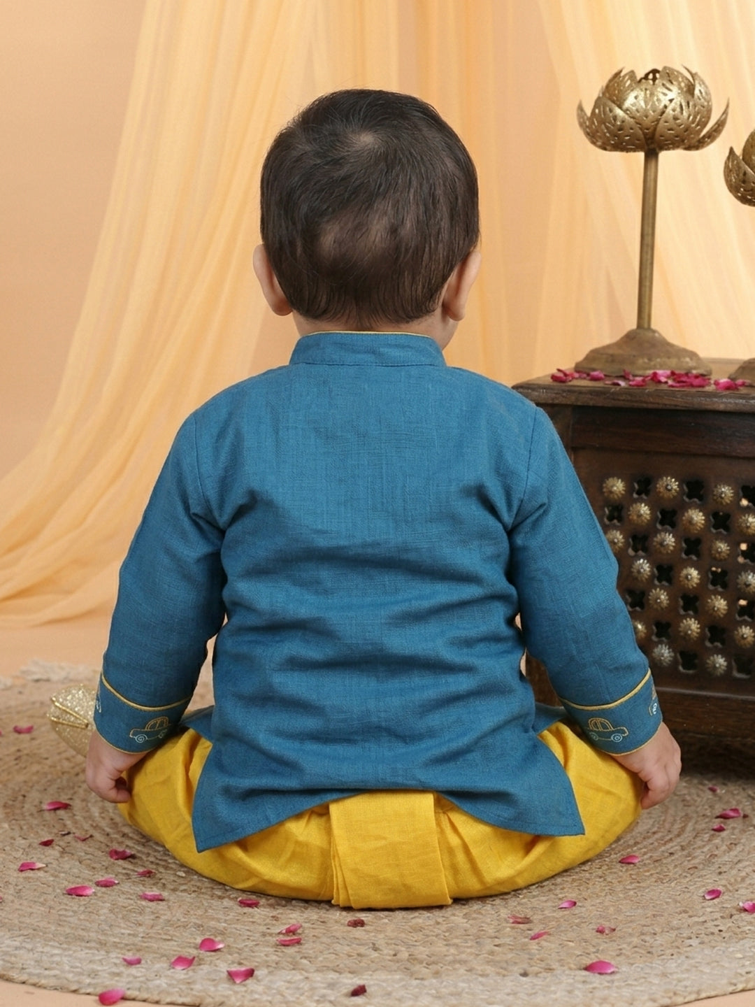Blue Placement Cars Motif Embroidered Kurta With Dhoti