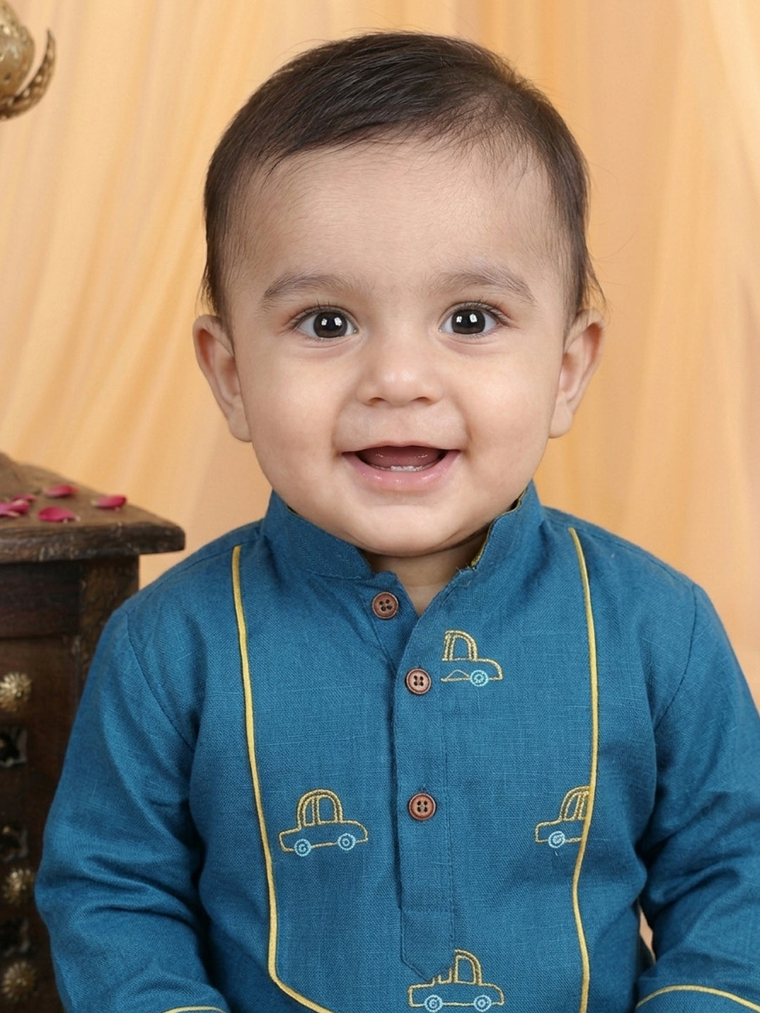 Blue Placement Cars Motif Embroidered Kurta With Dhoti