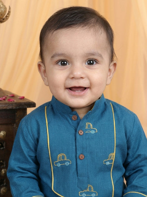 Blue Placement Cars Motif Embroidered Kurta With Dhoti