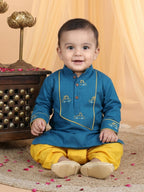 Blue Placement Cars Motif Embroidered Kurta With Dhoti