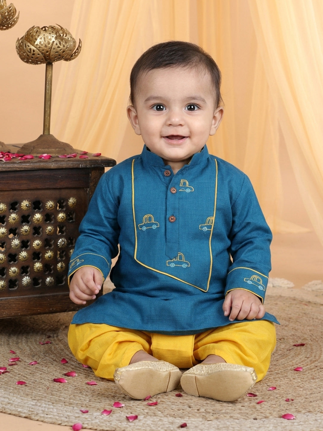 Blue Placement Cars Motif Embroidered Kurta With Dhoti