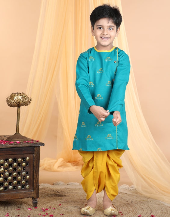 Green car embroidered side opening Kurta with yellow dhoti