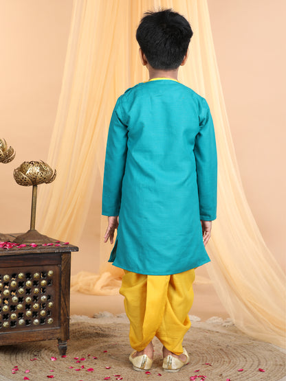 Green car embroidered side opening Kurta with yellow dhoti