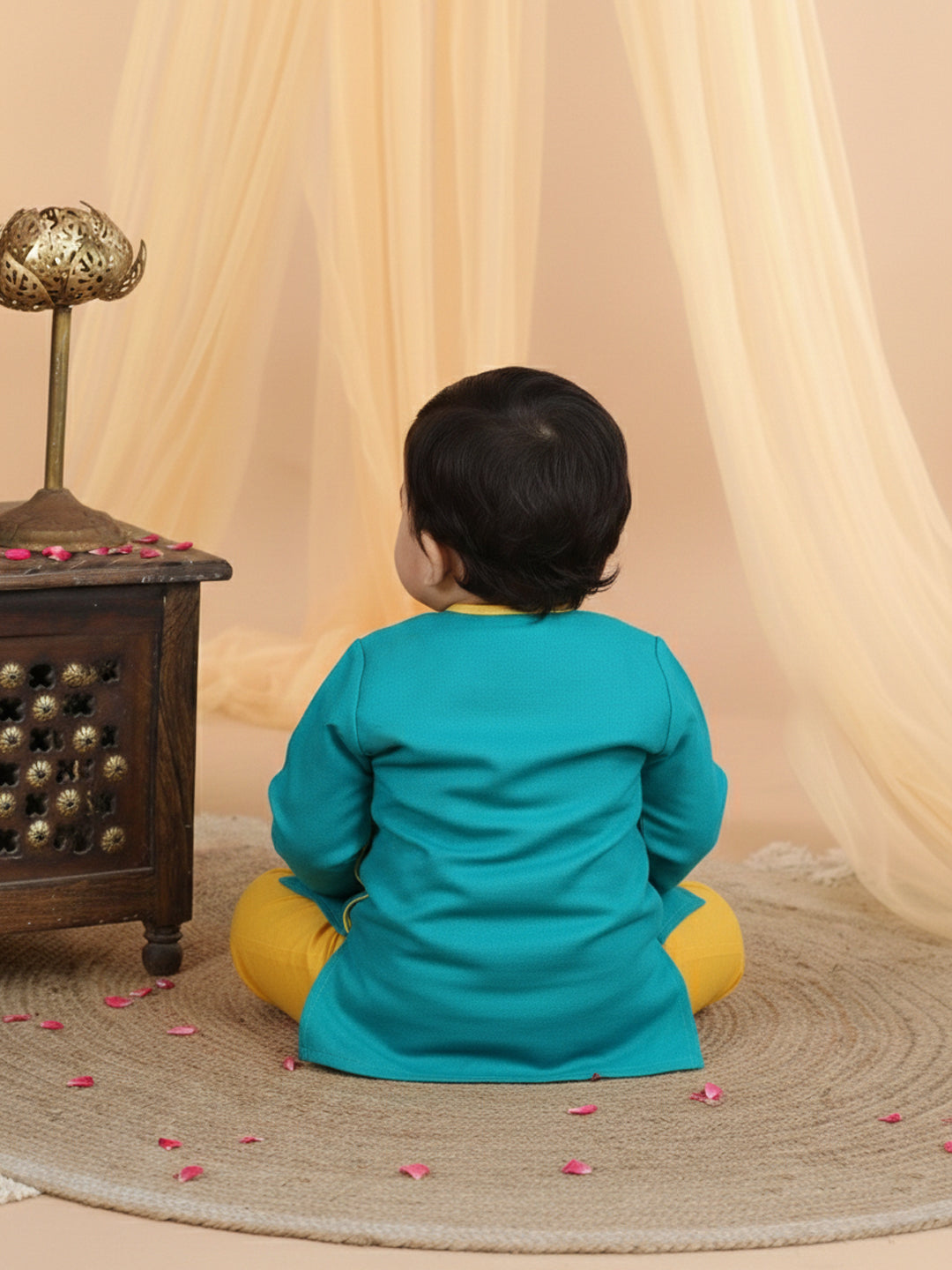 Teal Blue Cars Motif Embroidered Kurta With Dhoti