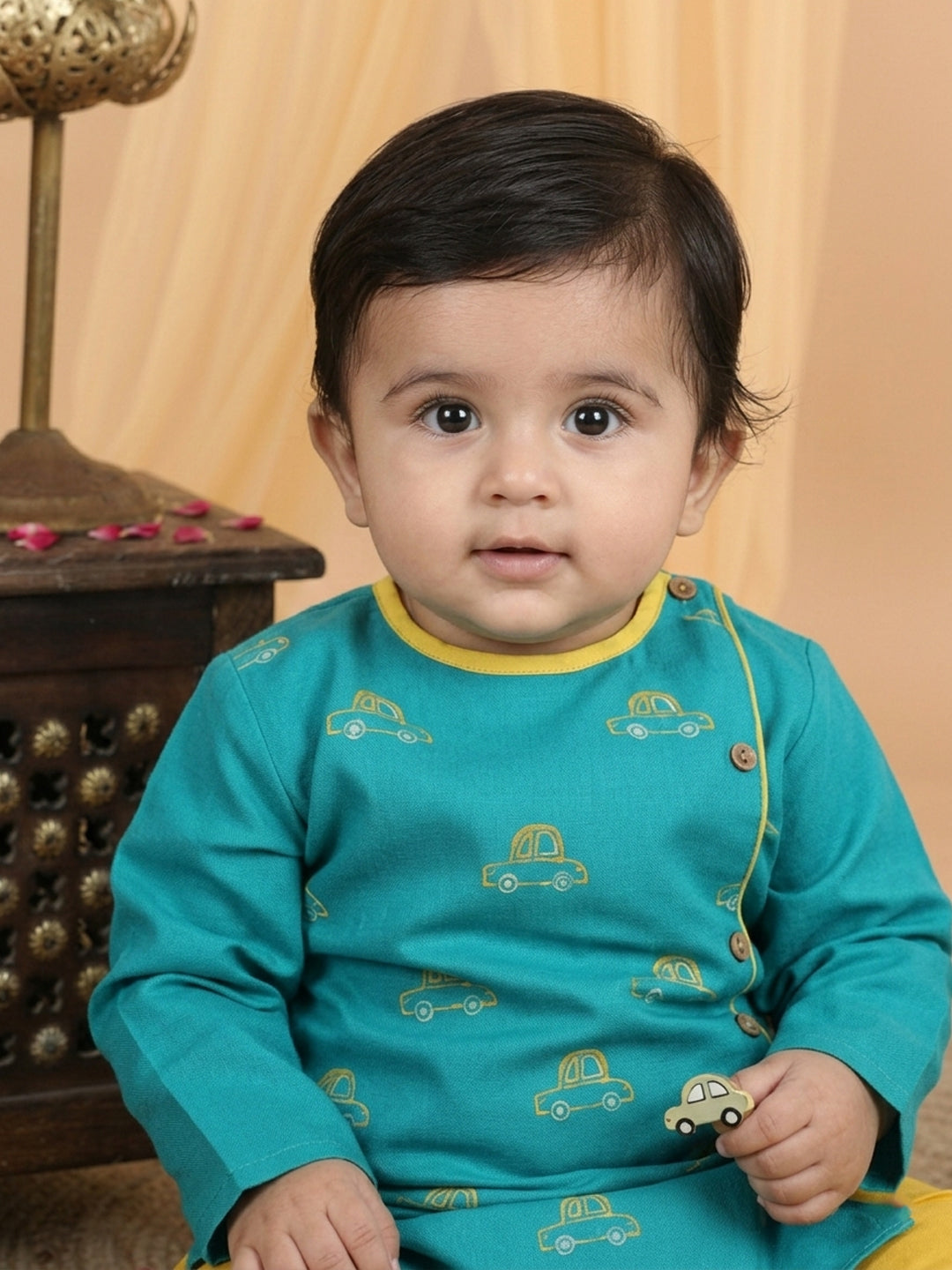 Teal Blue Cars Motif Embroidered Kurta With Dhoti