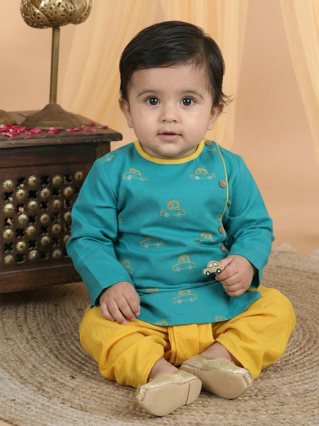 Teal Blue Cars Motif Embroidered Kurta With Dhoti