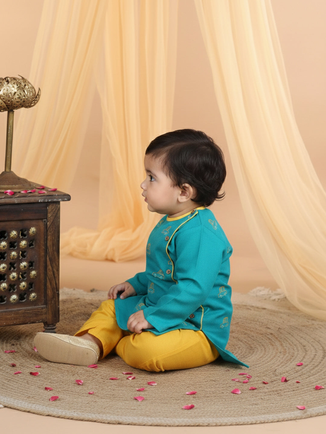 Teal Blue Cars Motif Embroidered Kurta With Dhoti