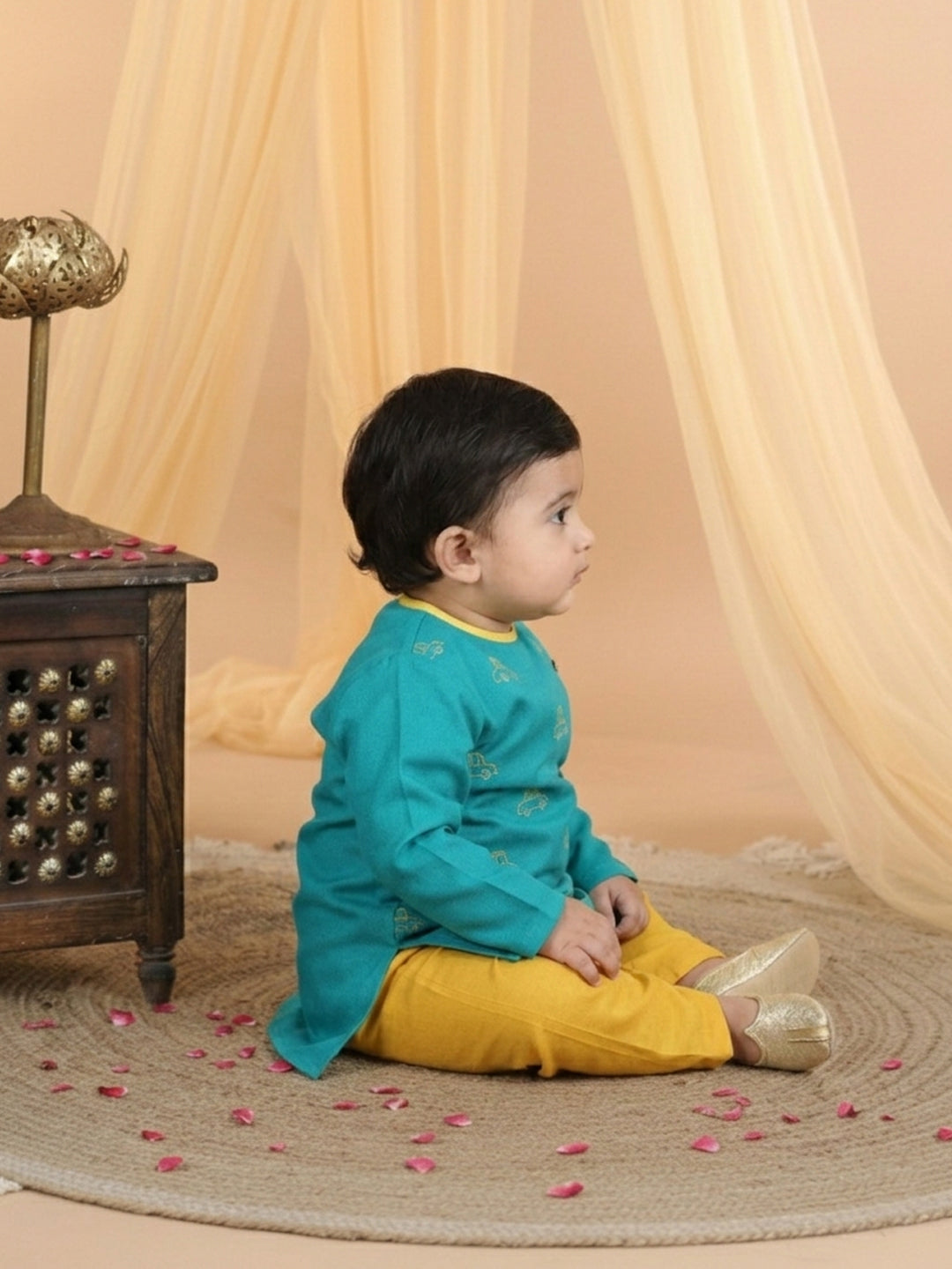 Teal Blue Cars Motif Embroidered Kurta With Dhoti