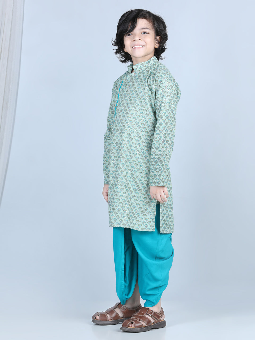 Blue Floral Motif Printed Kurta Dhoti