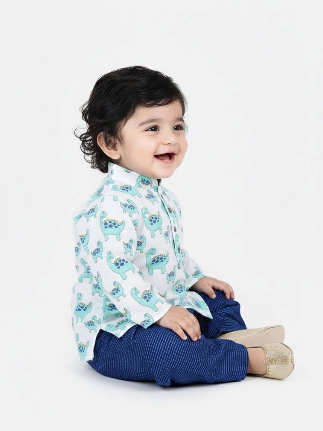 All Over Dinosaur Printed Kurta With Seamless Broken Striped Katha Dhoti