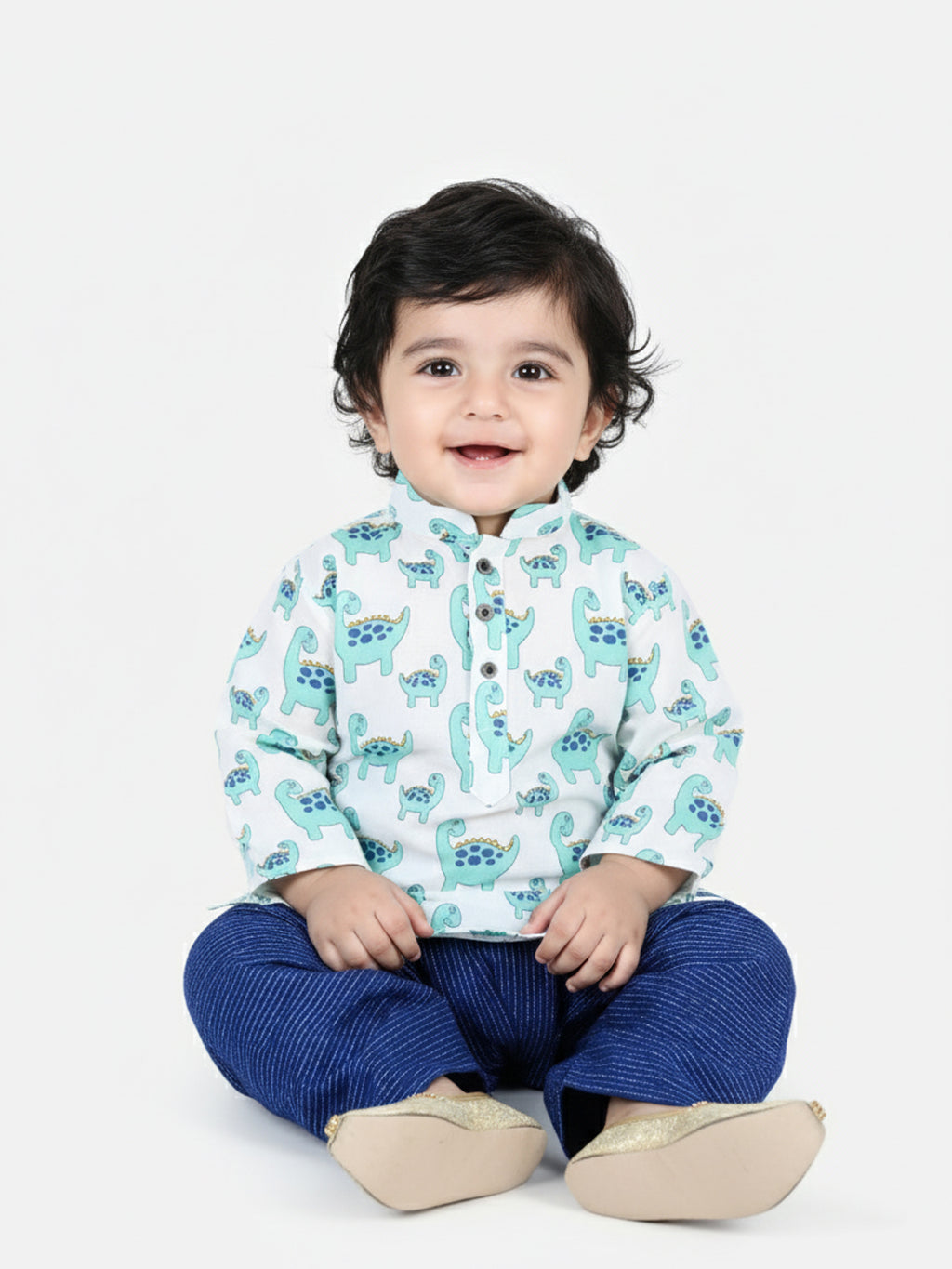 All Over Dinosaur Printed Kurta With Seamless Broken Striped Katha Dhoti