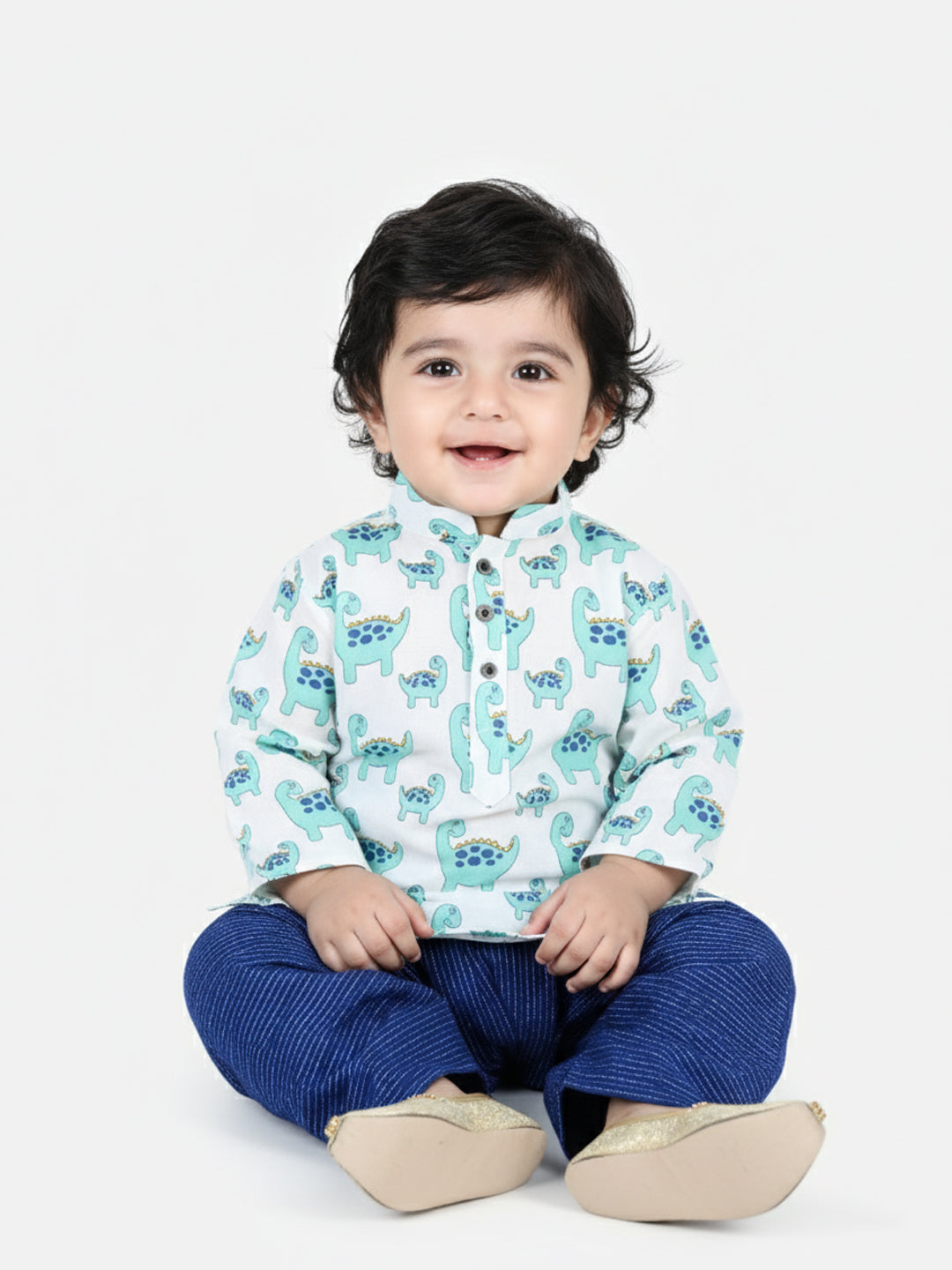 All Over Dinosaur Printed Kurta With Seamless Broken Striped Katha Dhoti
