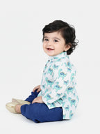 All Over Dinosaur Printed Kurta With Seamless Broken Striped Katha Dhoti