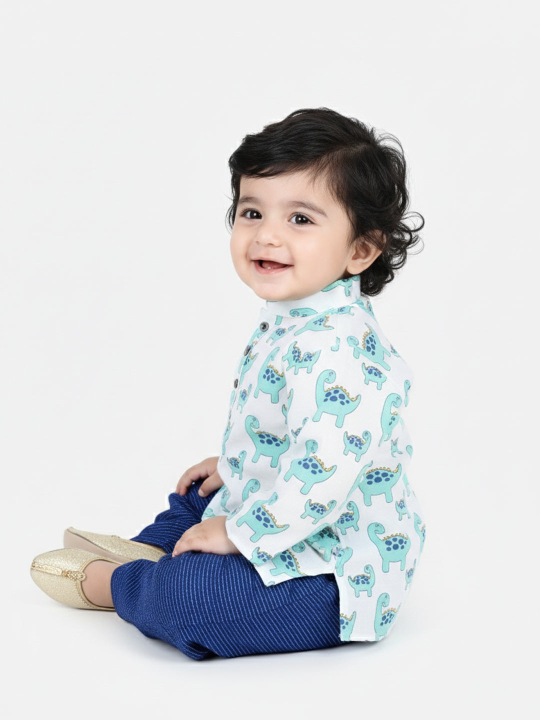 All Over Dinosaur Printed Kurta With Seamless Broken Striped Katha Dhoti