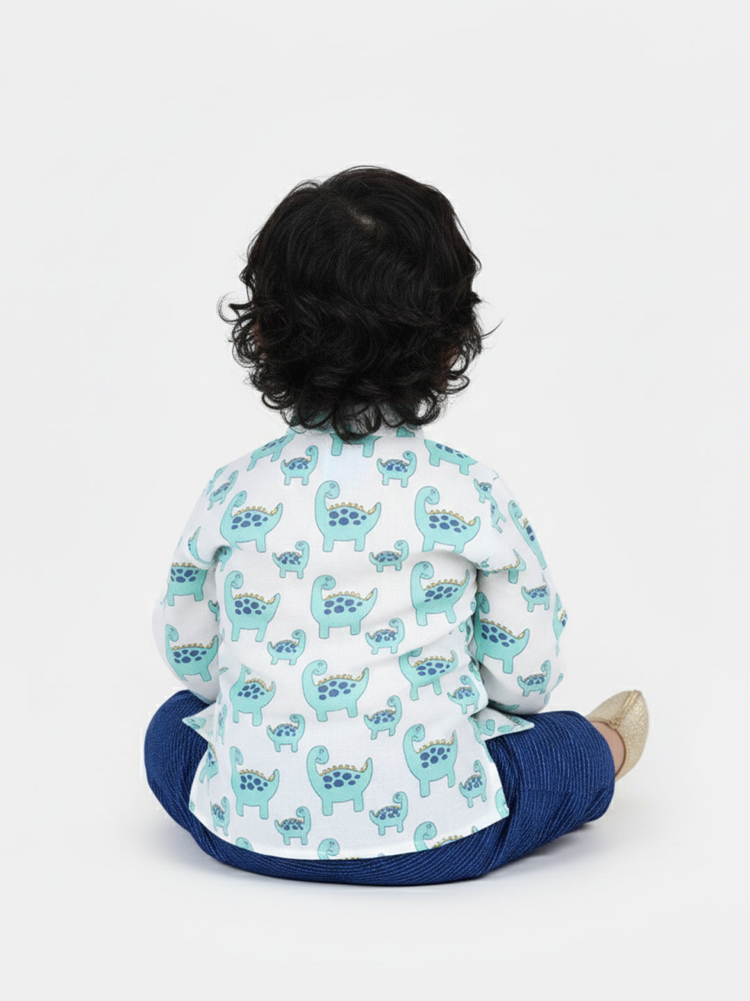 All Over Dinosaur Printed Kurta With Seamless Broken Striped Katha Dhoti
