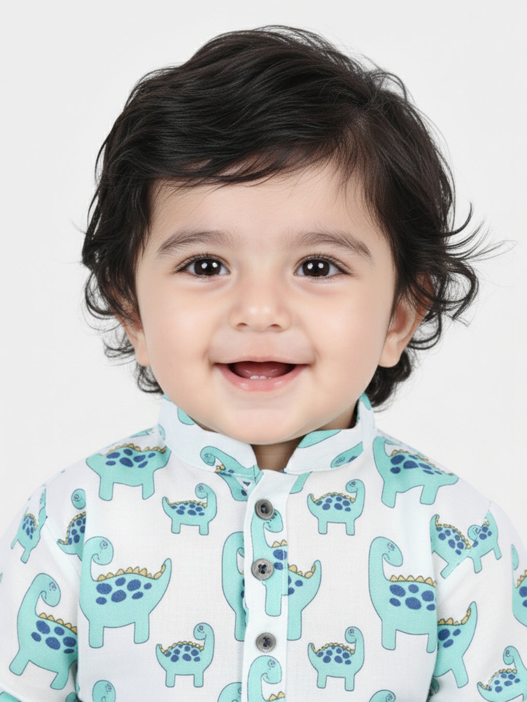 All Over Dinosaur Printed Kurta With Seamless Broken Striped Katha Dhoti