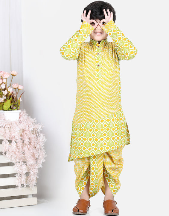 Yellow Floral and Leheriya Kurta Dhoti