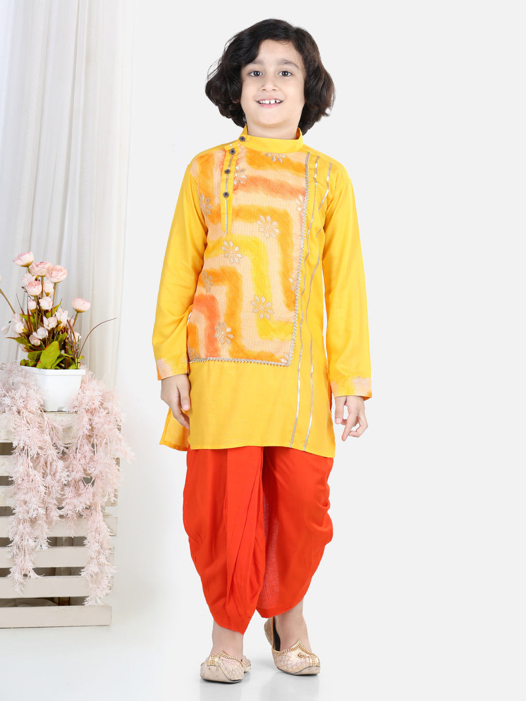 Yellow  Kota & Lace Work Kurta Dhoti