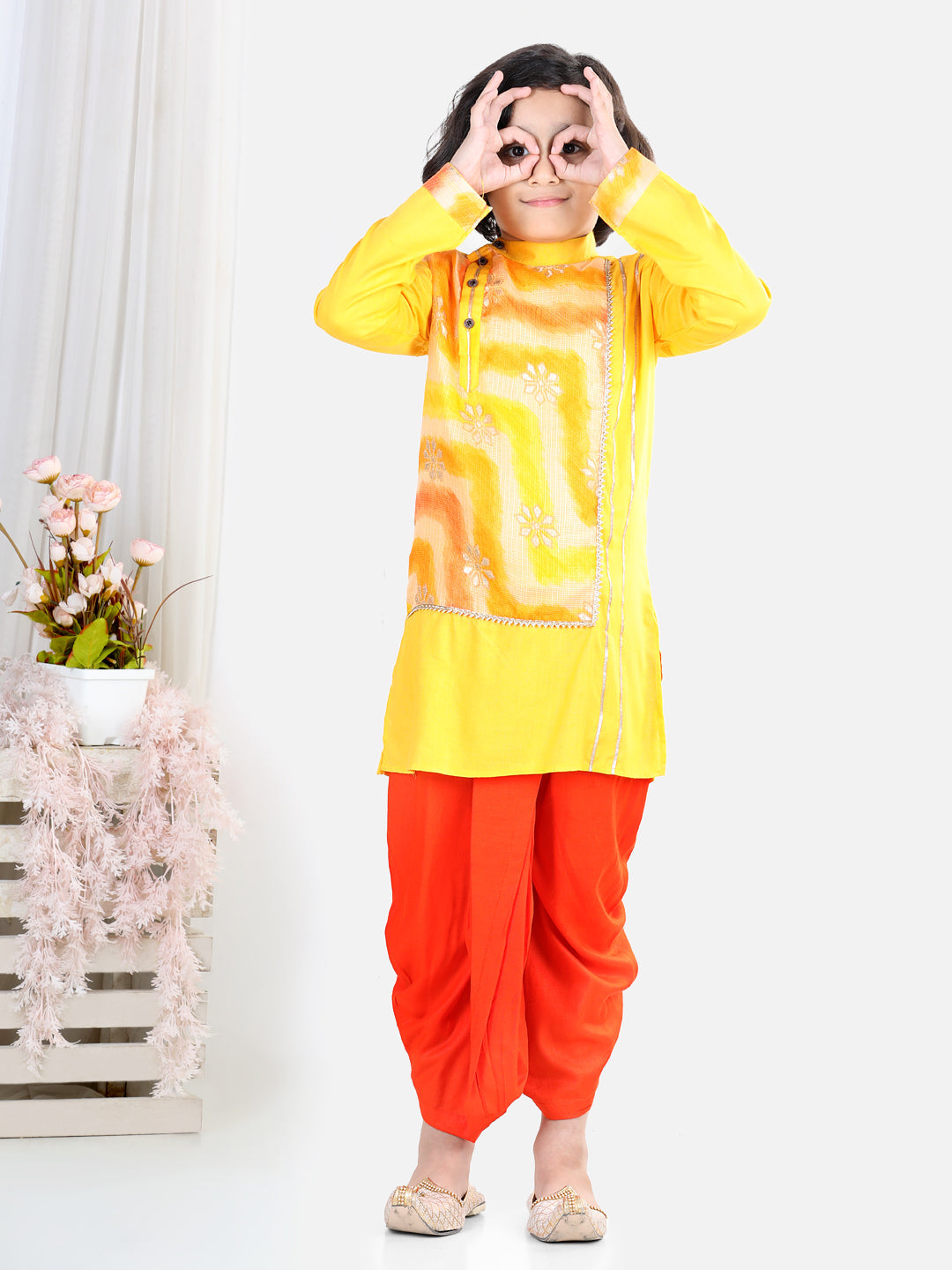 Yellow  Kota & Lace Work Kurta Dhoti