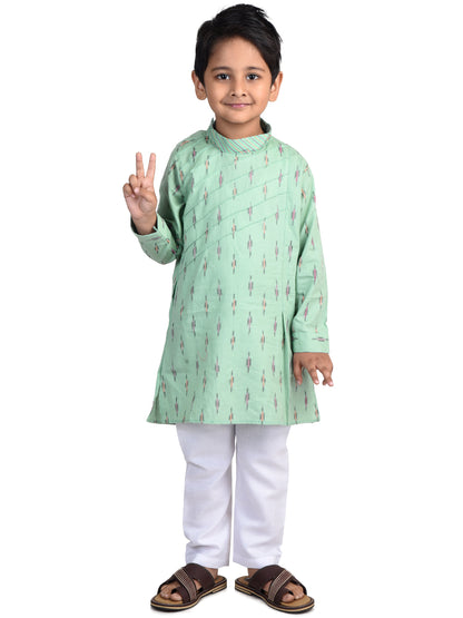 Kinder Kids Boys Green Geometric Cotton Kurta