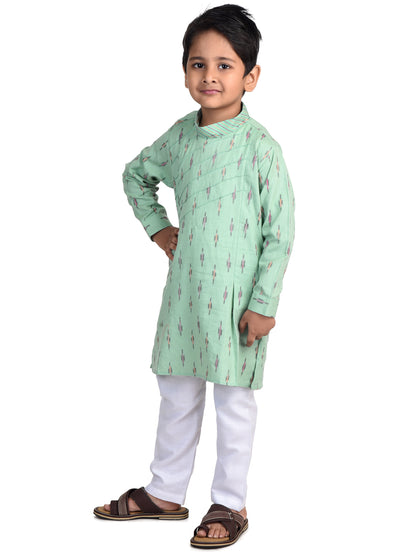 Kinder Kids Boys Green Geometric Cotton Kurta