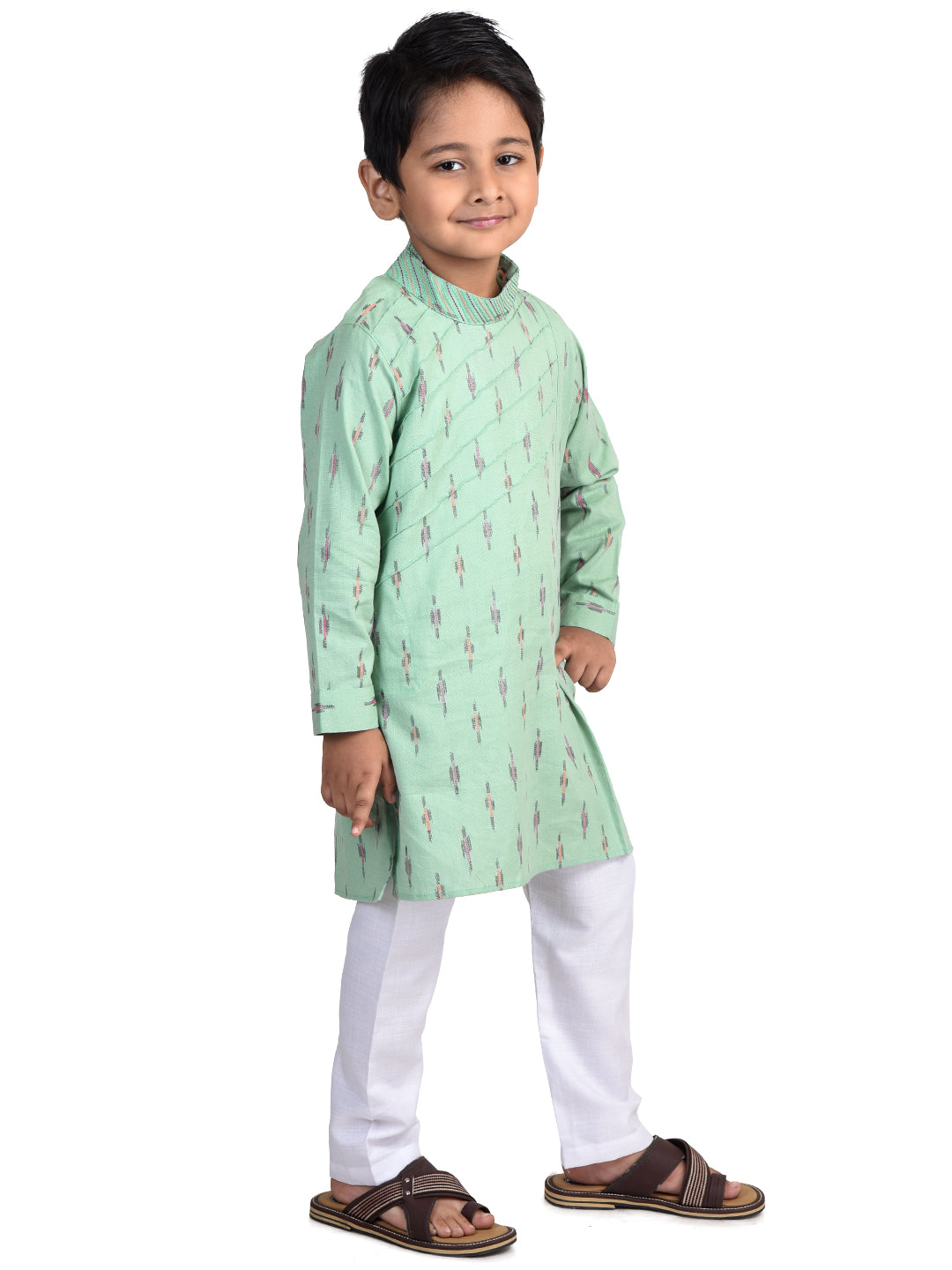 Kinder Kids Boys Green Geometric Cotton Kurta