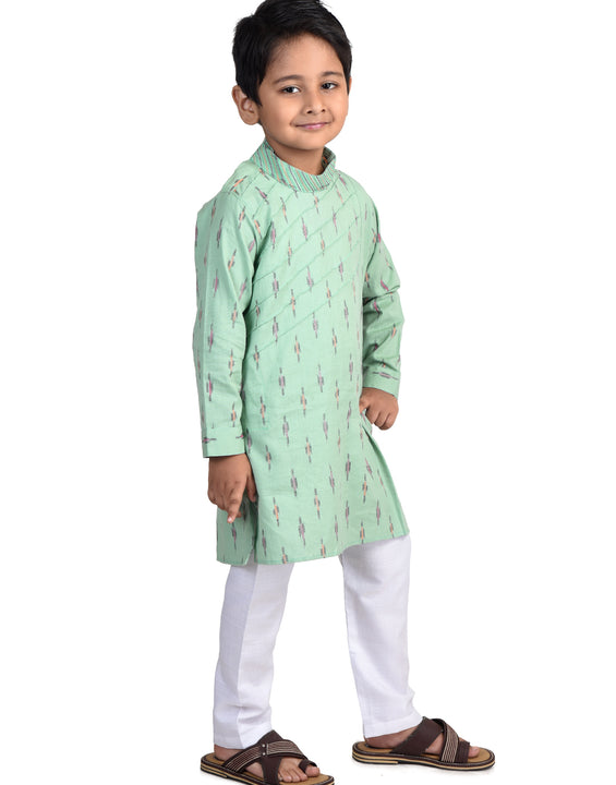 Kinder Kids Boys Green Geometric Cotton Kurta