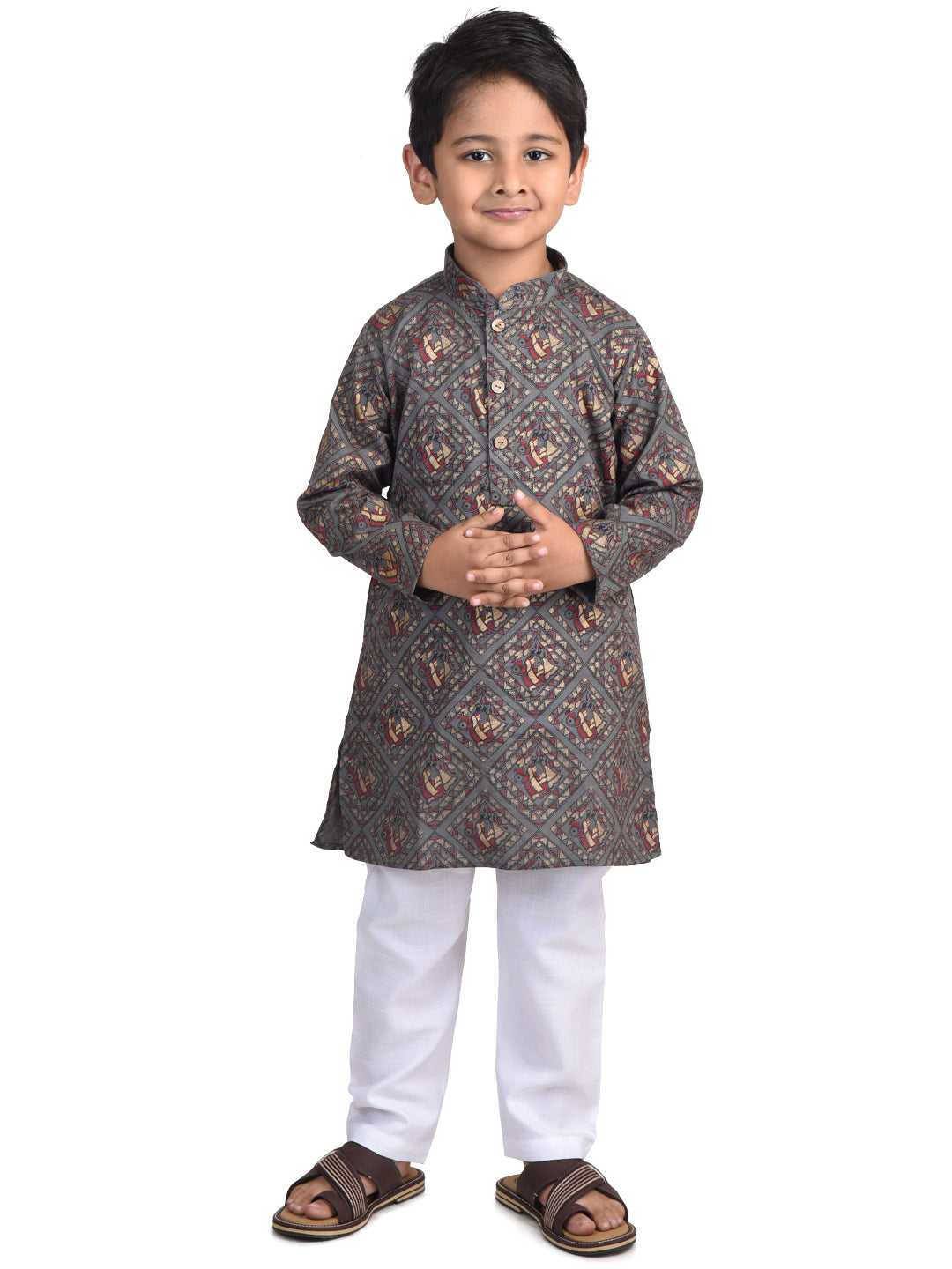 Kinder Kids Boys Brown & Gold-Toned Ethnic Motifs Printed Cotton Kurta