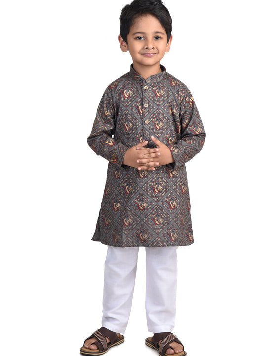 Kinder Kids Boys Brown & Gold-Toned Ethnic Motifs Printed Cotton Kurta