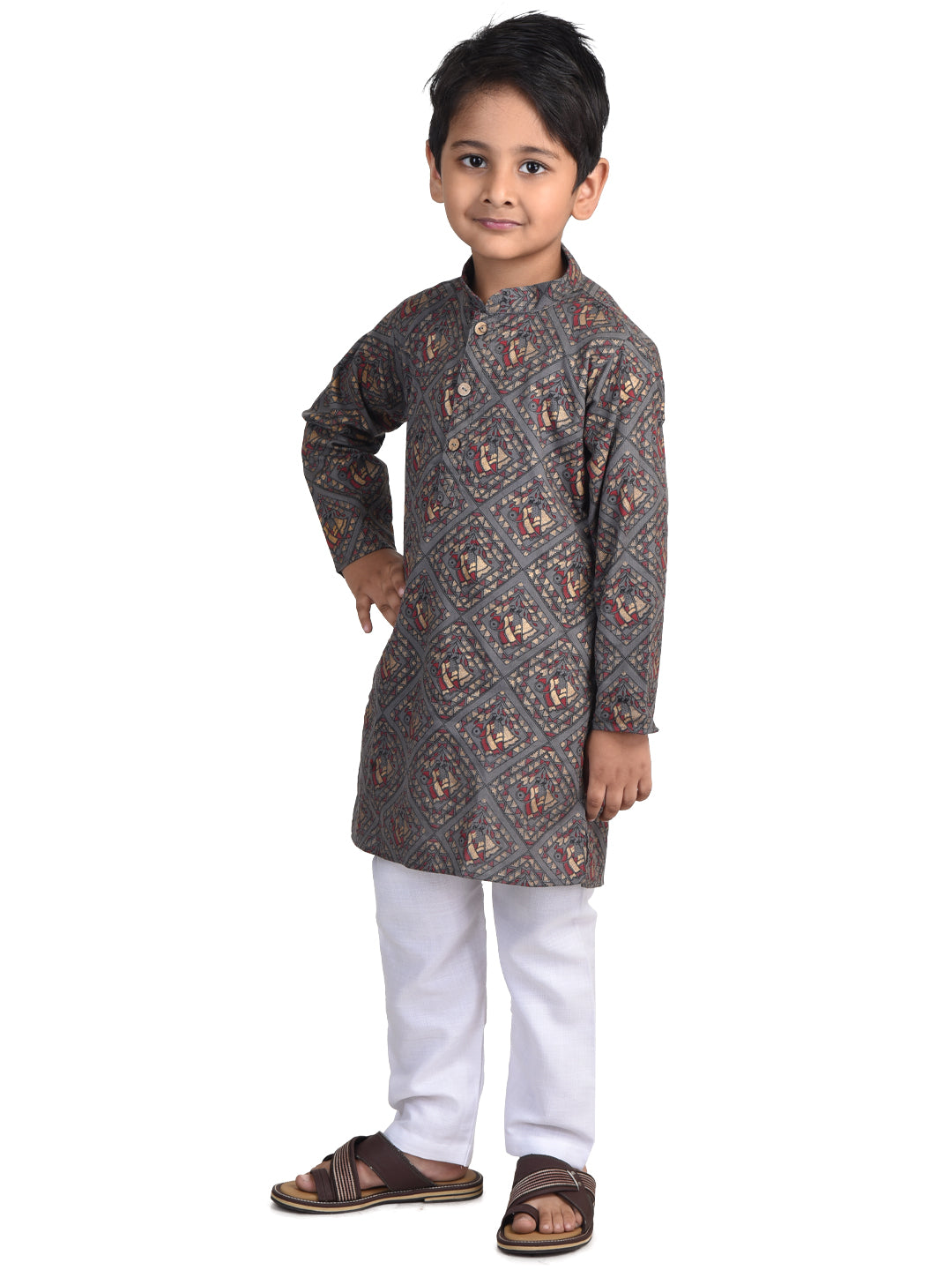 Kinder Kids Boys Brown & Gold-Toned Ethnic Motifs Printed Cotton Kurta